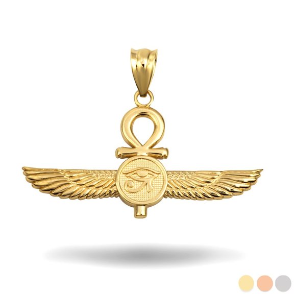 14K Gold Egyptian Ankh Cross Eye Of Horus Winged Goddess Isis Protection Pendant